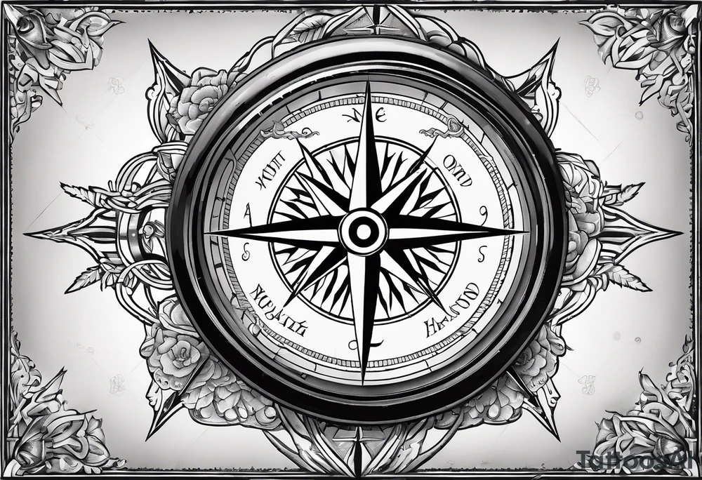 Nautical compass with New Zealand map outline behind it with wrap around rope and southern cross tattoo idea