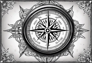 Nautical compass with New Zealand map outline behind it with wrap around rope and southern cross tattoo idea
