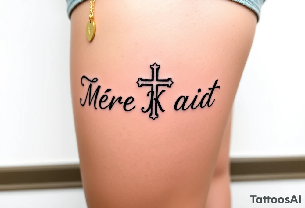 Cross with necklace on leg with initial MK tattoo idea