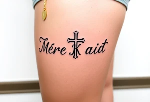 Cross with necklace on leg with initial MK tattoo idea