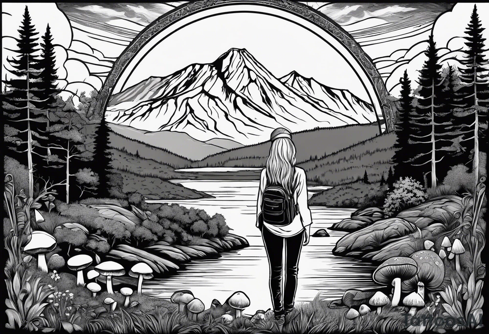Whole picture encircled fully

Straight long blonde hair hippie girl in distance holding mushrooms in hand facing away toward mountains and creek surrounded by mushrooms long sleeve shirt and hiking pants; whole rendering within a full circle, no cut off circle tattoo idea