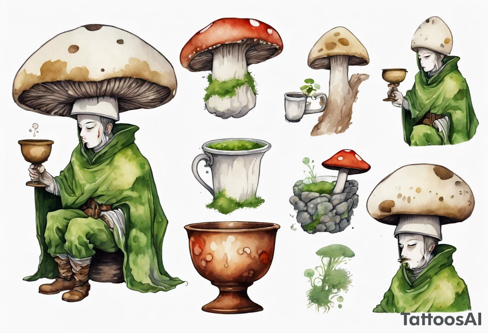 a mushroom person with a moss face wearing a medieval tunic drinking from a wood cup tattoo idea