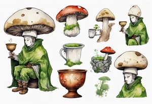 a mushroom person with a moss face wearing a medieval tunic drinking from a wood cup tattoo idea