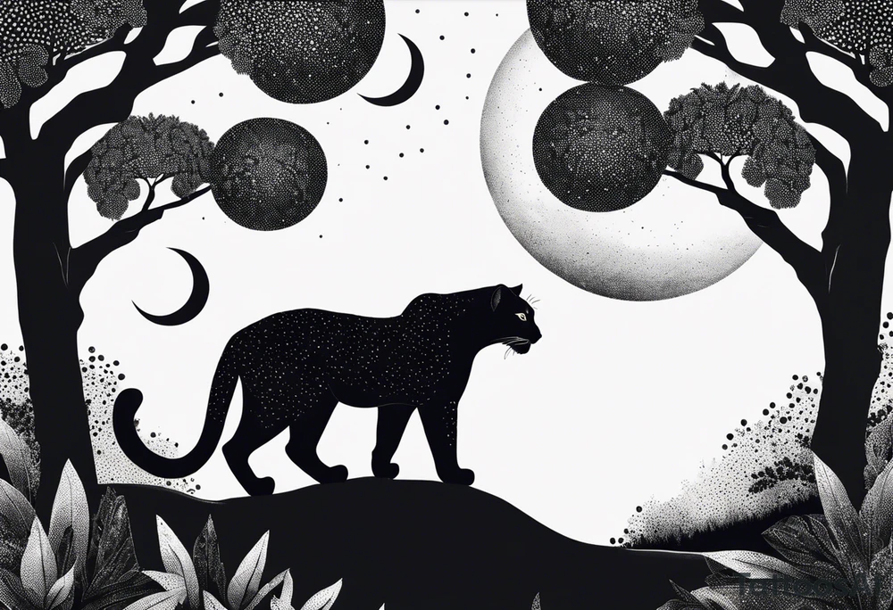 panther and a tree landscape moon tattoo idea