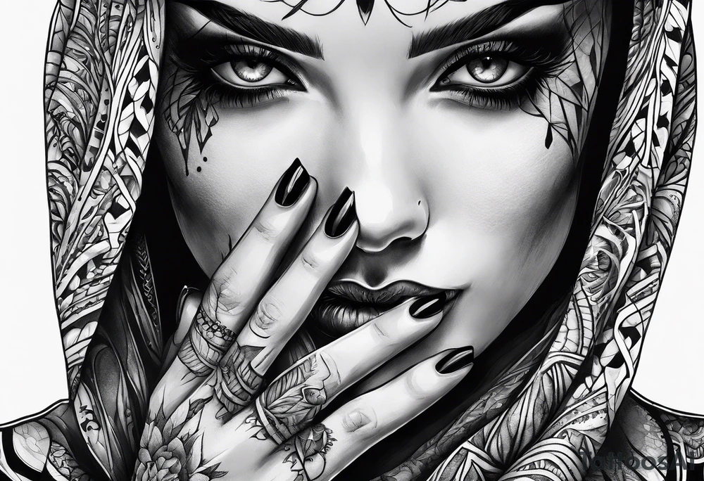 Horror women’s fingers with nails close half of her face tattoo idea