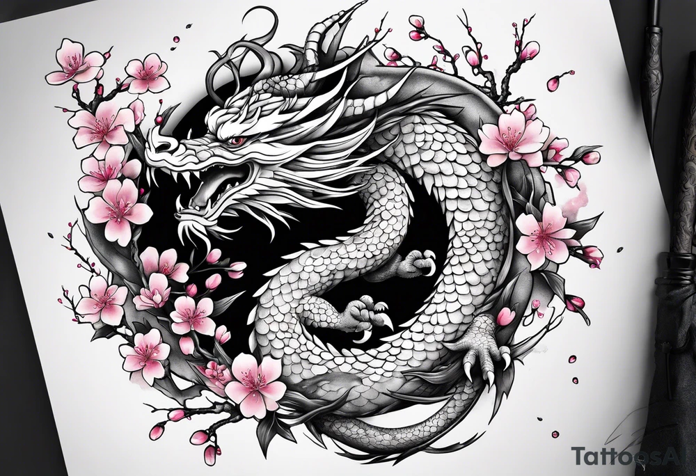 Haku dragon with  cherry blossoms  and soot sprites tattoo idea