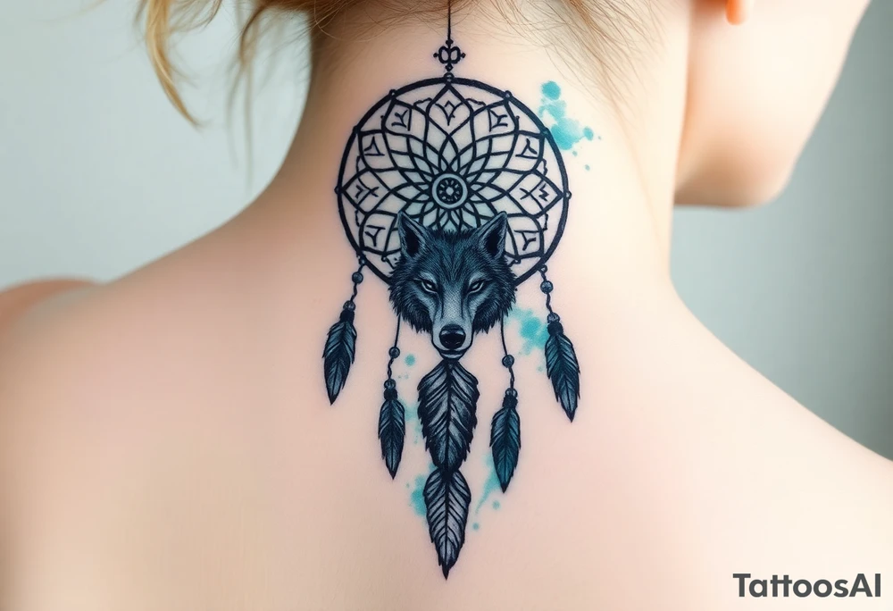 Dreamcatcher with zodiac symbols and protection runes caught in it with wolf teal tattoo idea