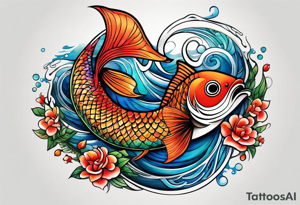 wide swirl of red, blue, orange, green with fish hooks tattoo idea