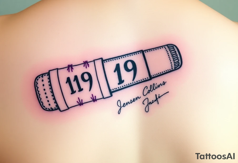 A wireless, white microphone with purple stitches holding it together all over. On the mouth part is the number 19. On the part where someone would hold the microphone is the autographs of Jared Padalecki, Misha Collins and Jensen Ackles tattoo idea