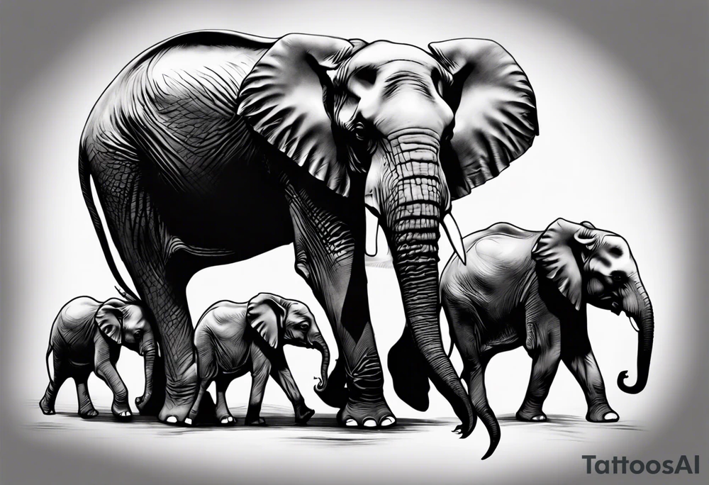 family of 6 elephants walking into sunset tattoo idea