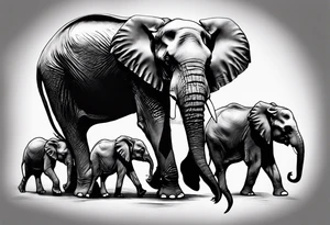family of 6 elephants walking into sunset tattoo idea