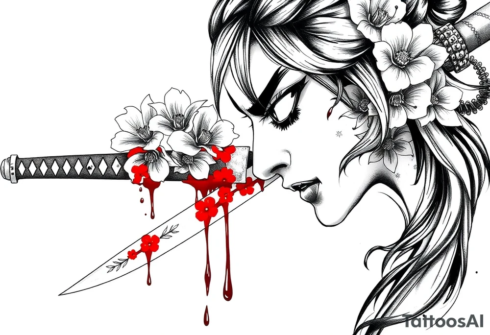 Katana with flowers and blood on the blade tattoo idea