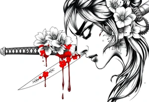 Katana with flowers and blood on the blade tattoo idea