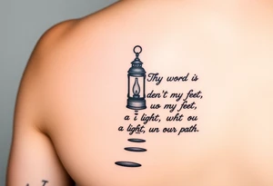 Someone holding a small lantern to light up a road with the text: "Thy word is a lamp unto my feet a light unto my path." The tattoo should be on the forearm tattoo idea