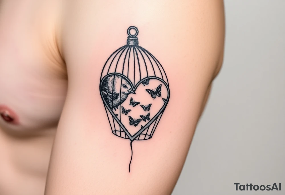 bird cage with broken heart-shaped lock and cage door open with butterflies flying out of it tattoo idea