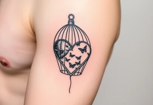 bird cage with broken heart-shaped lock and cage door open with butterflies flying out of it tattoo idea