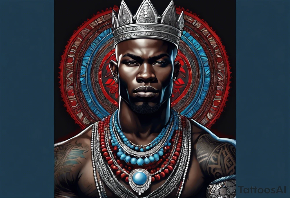 Black-skinned bald african warrior. He has a silver crown. He wears two simple necklaces: one blue, other red. Looking front tattoo idea