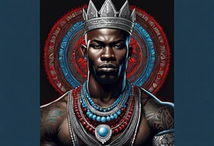 Black-skinned bald african warrior. He has a silver crown. He wears two simple necklaces: one blue, other red. Looking front tattoo idea