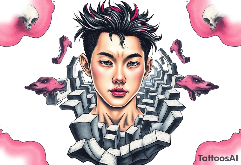 Handsome Asian young guy lost in a nightmarish labyrinth tattoo idea