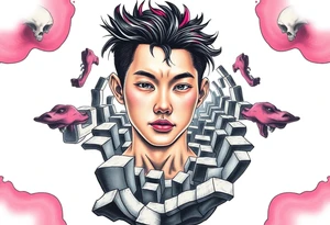 Handsome Asian young guy lost in a nightmarish labyrinth tattoo idea