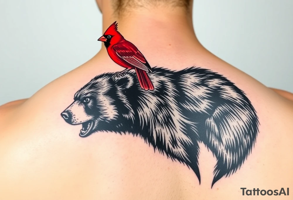 Realistic bright red cardinal perched on the shoulder of a realistic black bear. tattoo idea