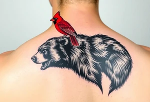Realistic bright red cardinal perched on the shoulder of a realistic black bear. tattoo idea