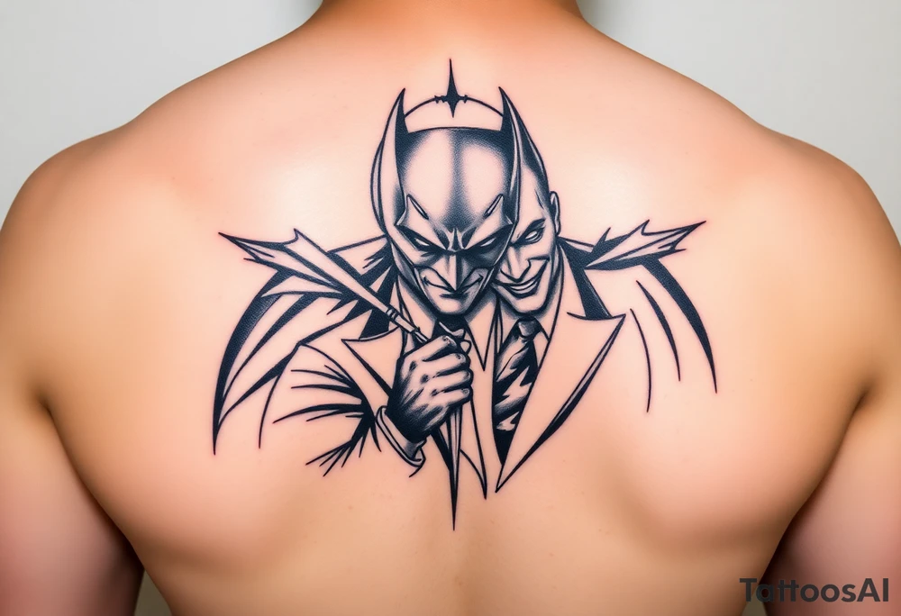 Batman and joker in Gotham with bat signal top center tattoo idea