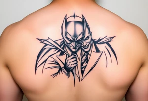 Batman and joker in Gotham with bat signal top center tattoo idea