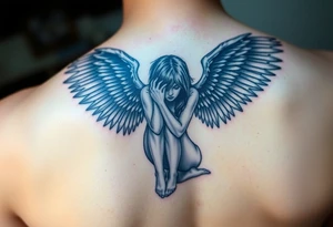 fallen angel Dante Mikha'el on her knees with great full wings, looking her darkened hand head down and her hair cover her half face tattoo idea