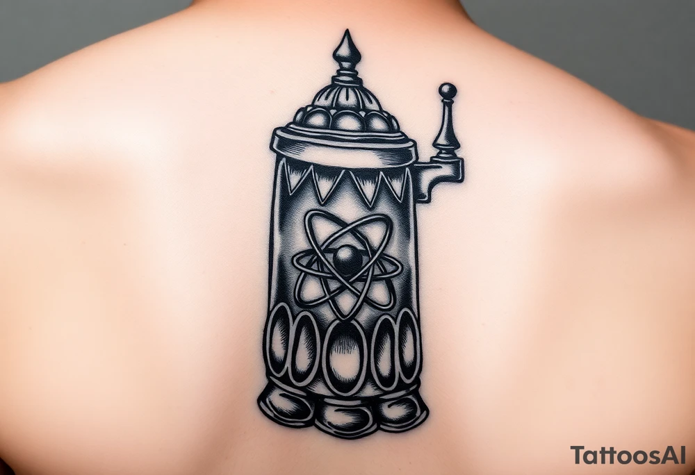 A fine line style German stein in a gothic style with an atom on it tattoo idea