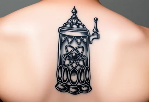 A fine line style German stein in a gothic style with an atom on it tattoo idea