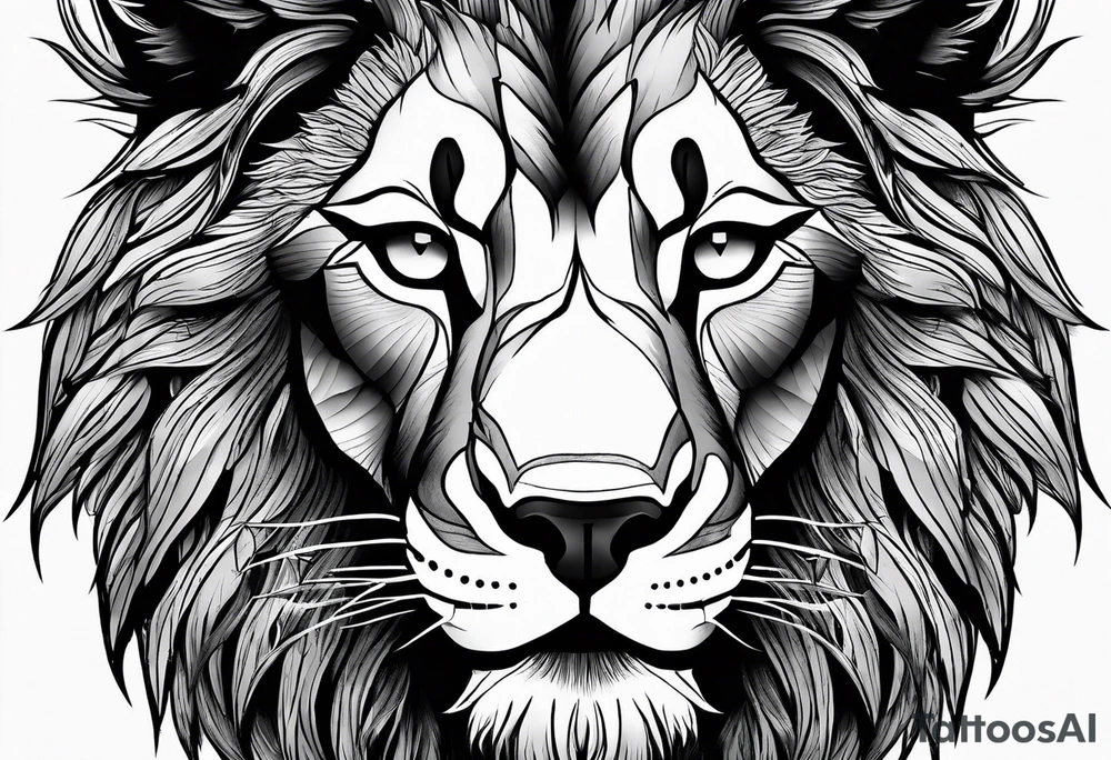 a face of a fearless lion combined whit a face of a fearless wolf in the wood tattoo idea