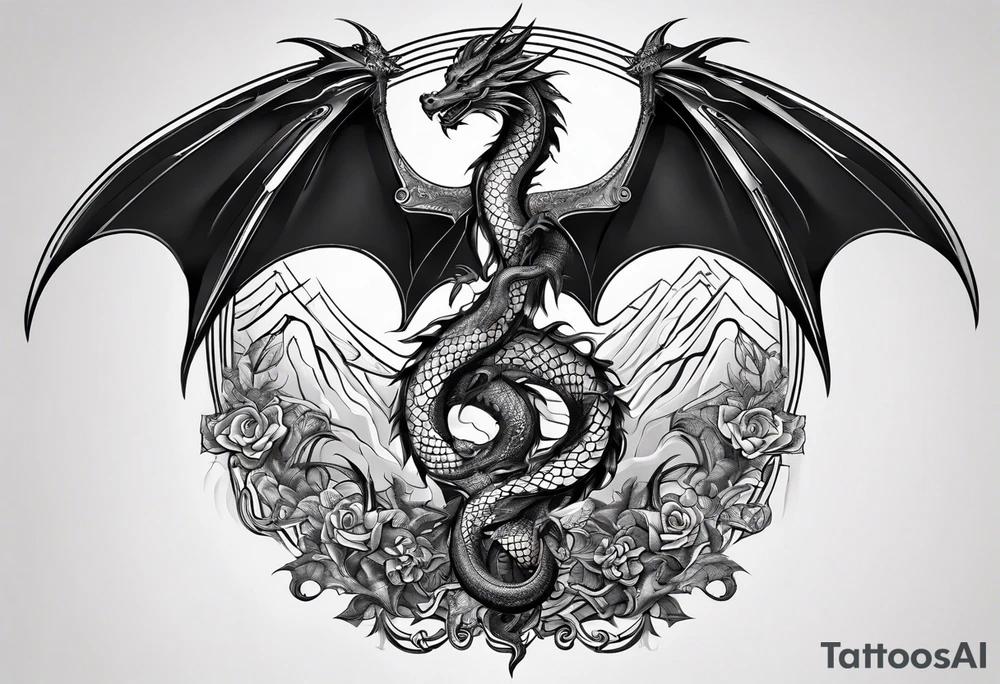 caduceus; intricate fine line and abstract with realism replace snakes with eastern dragons tattoo idea