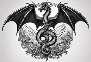 caduceus; intricate fine line and abstract with realism replace snakes with eastern dragons tattoo idea