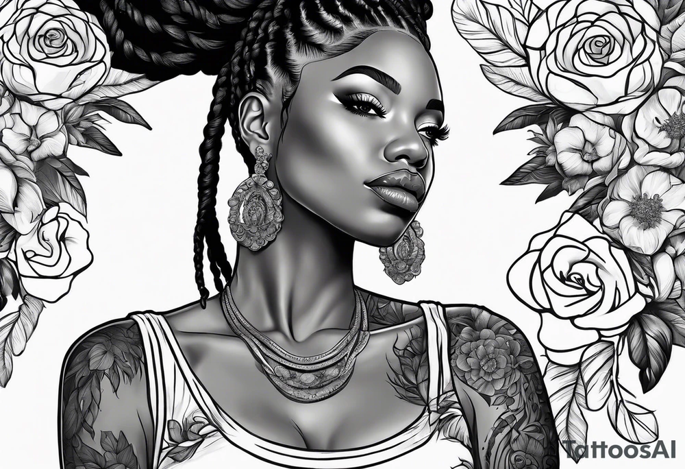 Black woman with locs and flowers tattoo idea