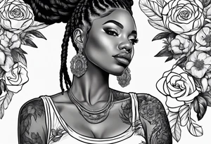 Black woman with locs and flowers tattoo idea