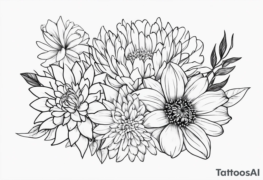 Asters, roses, Lillies, chrysanthemums in a line tattoo idea