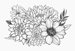 Asters, roses, Lillies, chrysanthemums in a line tattoo idea