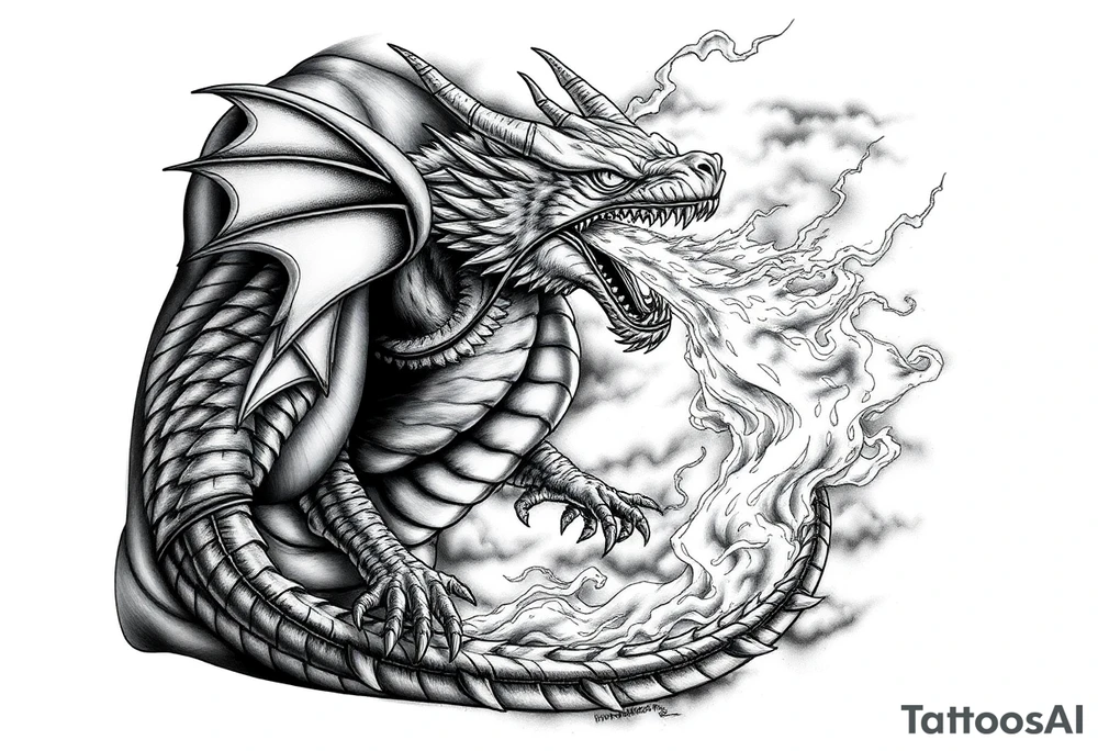 fierce dragon breathing iridescent fire against stormy skies tattoo idea