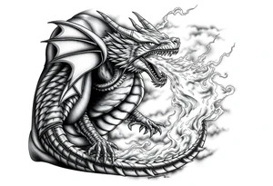 fierce dragon breathing iridescent fire against stormy skies tattoo idea