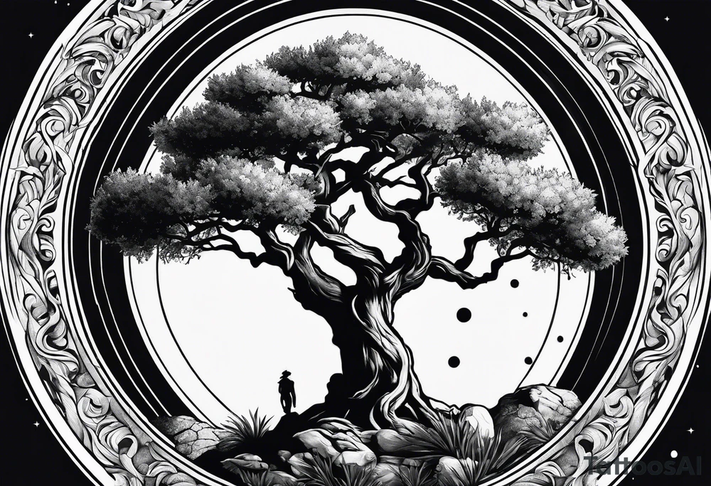 an olive tree and Saturn at its back tattoo idea