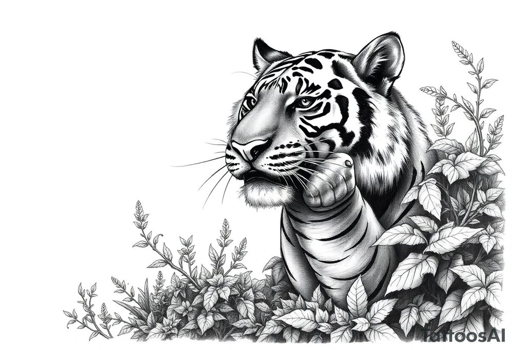 A tiger's powerful front paw emerging from dense jungle foliage, detailed moss. tattoo idea