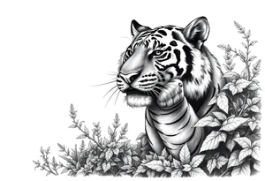 A tiger's powerful front paw emerging from dense jungle foliage, detailed moss. tattoo idea