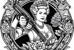 the queen of england shooting a pistol at a squirrel tattoo idea