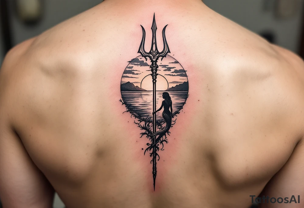 trident half way under calm water with sunset and mermaid tattoo idea