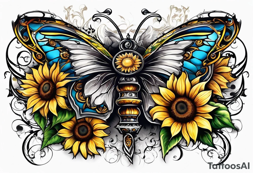 Winged cross with sunflower and butterflies tattoo idea
