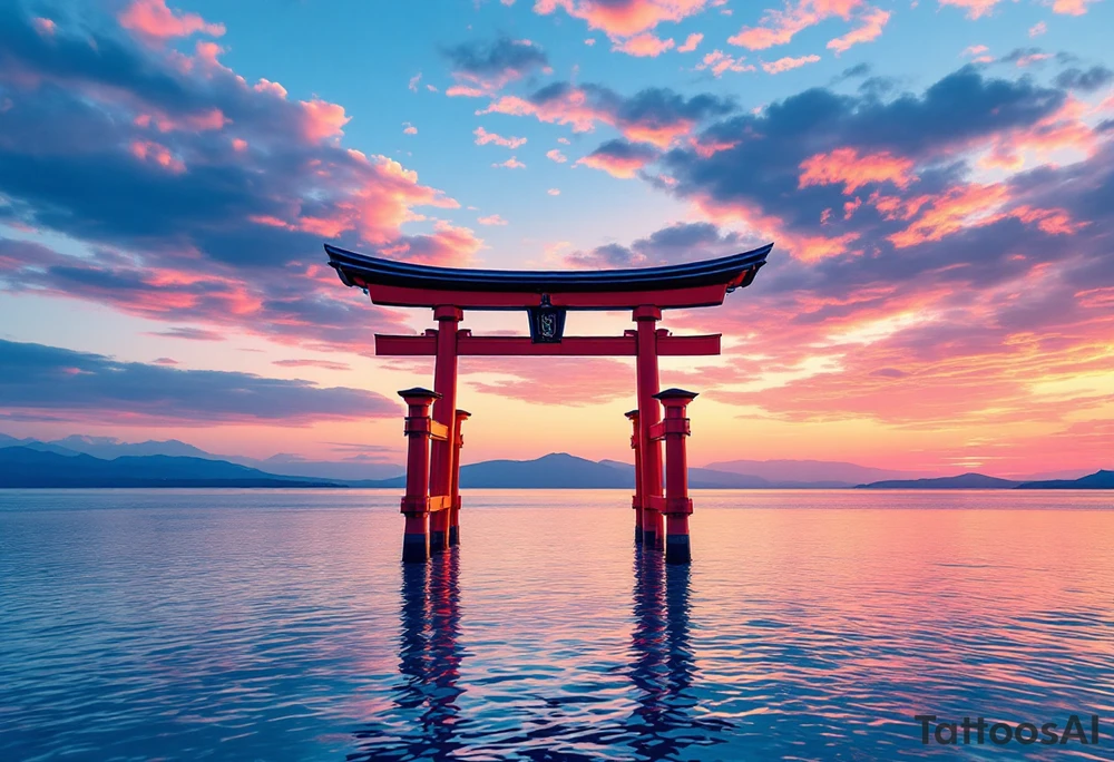 A red torii gate standing in shallow blue water under a pink and orange sunset sky. tattoo idea