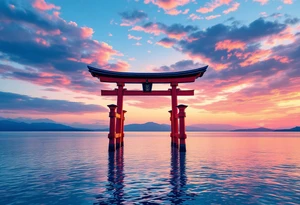 A red torii gate standing in shallow blue water under a pink and orange sunset sky. tattoo idea