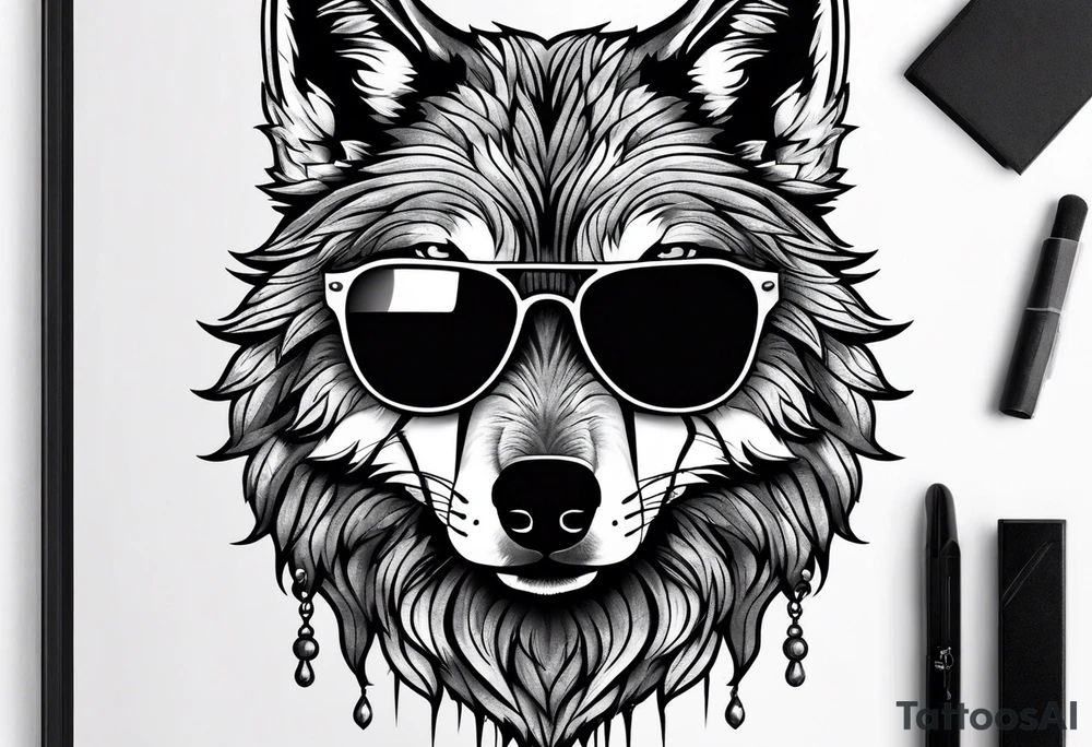 Badass wolf wearing sunglasses tattoo idea