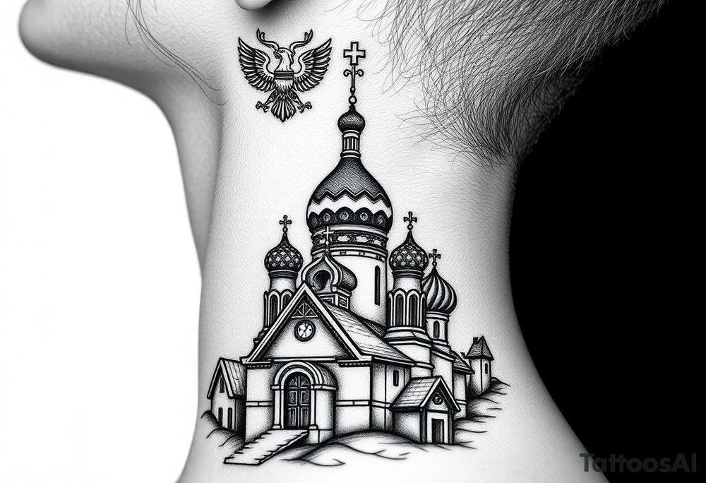 Flowing Scene

A onion domes orthodox church
Virgin Mary in prayer pose wrapping around the lower neck curve
A small double headed russian coat of arms eagle or just the star tucked above the dome near the hairline tattoo idea
